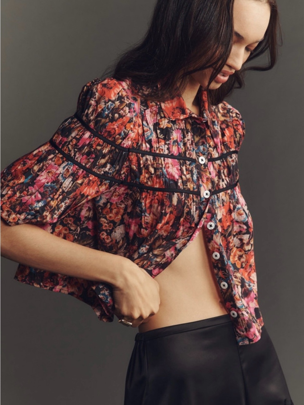 Anthropologie Floral Button-Front Puff-Sleeve Blouse in Black & Pink